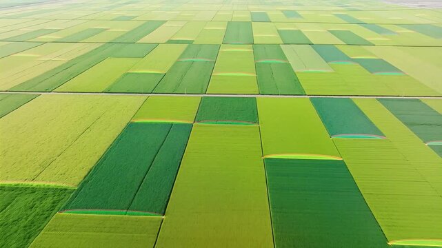 Aerial view of large-scale agricultural land with rectangular plots of various green crops growing in a patchwork pattern for experimental farming and research purposes in a rural landscape