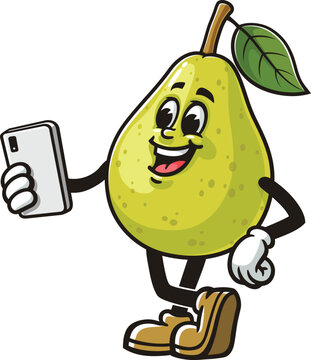 Cartoon pear mascot holding a gadget or smartphone