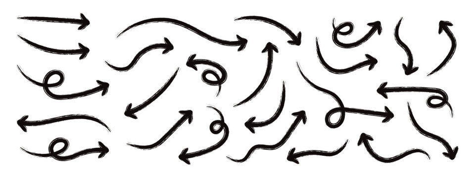 Grunge arrow vector. Various bold brush drawn curved arrows. Hand drawn vector direction pointers. Curved and wavy brush arrows. Collection doodle marker thick arrows in different directions
