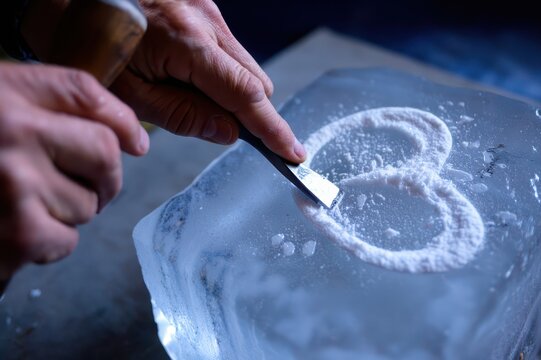 Person carving heart shape into ice block with chisel tool