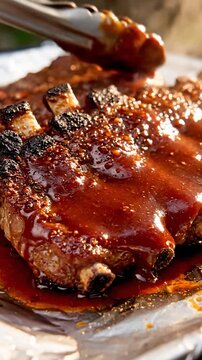 BBQ ribs being glazed with sauce