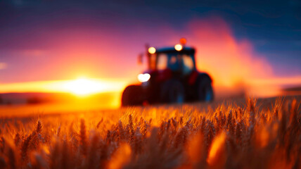 Obraz premium Agricultural Tractor Working in Field during Harvest with Flying Dust and Golden Sunlight