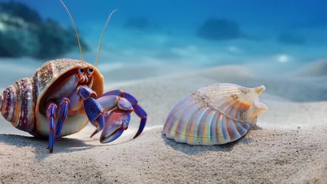 Vibrant hermit crab exploring ocean floor with colorful seashells in sandy underwater landscape with clear blue water
