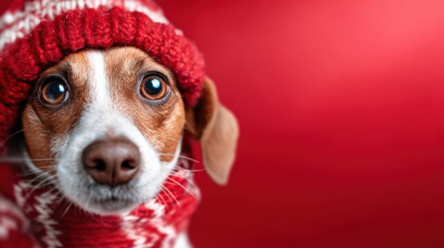 A cute dog, dressed in a warm knitted hat and scarf, gazes adorably at the camera, evoking feelings of warmth and coziness during the cold winter season.