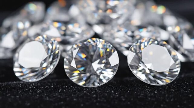 Macro closeup of sparkling brilliant cut diamonds scattered on a dark textured surface showcasing their facets and light reflection luxury jewelry concept.