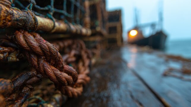 Sturdy ropes and worn-down fishing crates in a harbor setting amid rain create a nostalgic feel, showcasing the life and struggles of fishermen in harsh conditions.