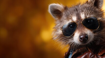 Obraz premium A playful raccoon sporting stylish sunglasses, highlighting its charming features against a vibrant, blurred golden backdrop, evoking a sense of fun and curiosity in viewers.