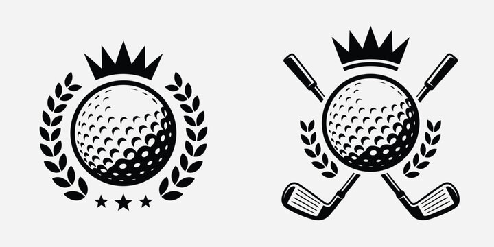 Victorious sports emblems vector set, showcasing crowned golf balls with laurel wreaths and crossed clubs, perfect for trophies, championship badges, and sports award illustrations.