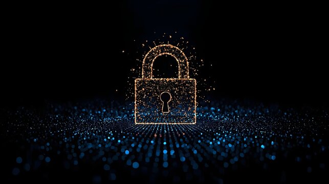 Golden glowing digital padlock on blue particle background for security