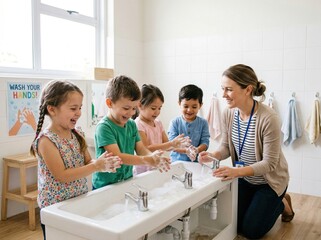 Group of children washing hands with soap at a sink in a bright classroom, adult supervising, hygiene poster visible on the wall