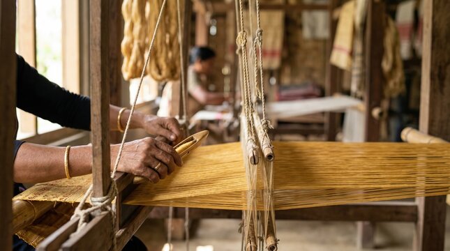 Woman weaving fabric on traditional loom in a workshop, showcasing intricate craftsmanship with wooden structure and colorful threads in the background