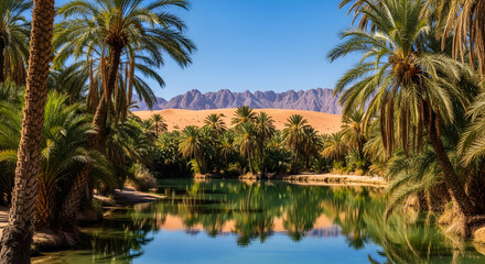 Obraz premium Oasis with palm trees by the water in the desert