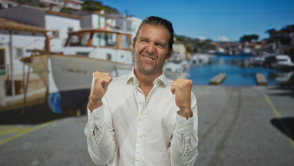 Fototapeta premium Man with clenched fists celebrating beside docked boats on a street lined with buildings; triumph excitement.