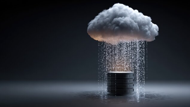 Digital cloud raining data streams onto a stacked storage cylinder