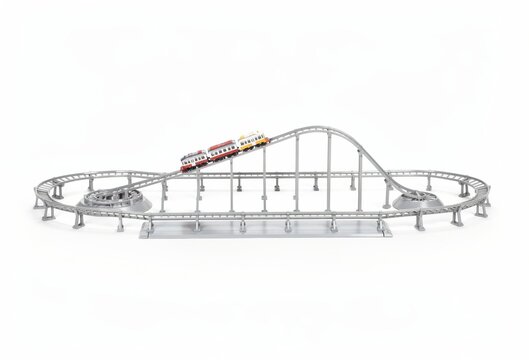 Miniature roller coaster track showcasing vibrant motion dynamics with vintage toy train cars climbing steep hills and descending rapid slopes, encapsulating thrill and nostalgia in a playful