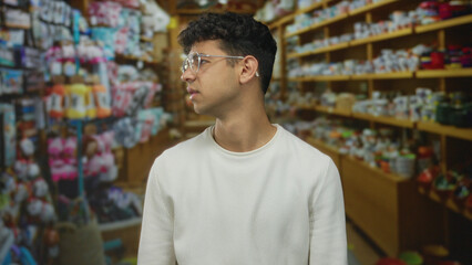 Fototapeta premium Man adjusts eyeglasses while scanning crowded hardware store shelves in bright building; curiosity.