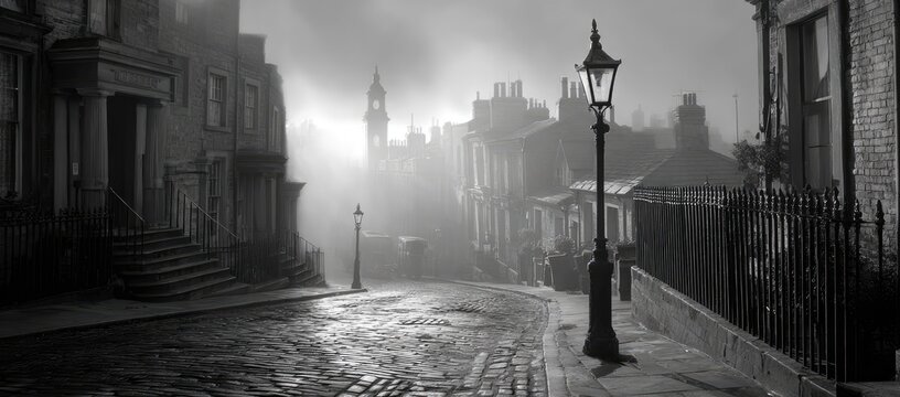 Cobblestone street lined with old houses shrouded in fog, gas lamps glow