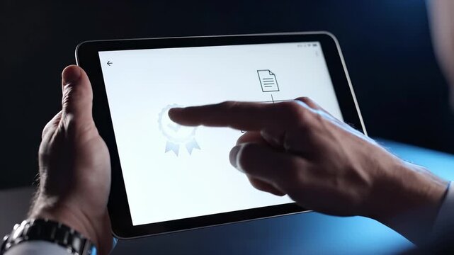 Document hierarchy structure on a tablet screen with a certification badge and checkmark. Quality management, compliance workflow, and file organization  for business process control.