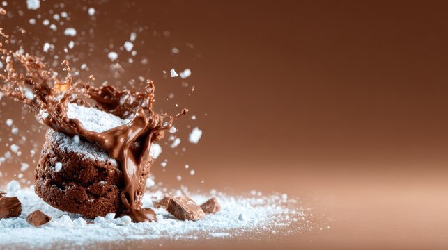 A dynamic splash of rich chocolate envelops a mound of powdered sugar and chocolate chunks, creating a visually enticing and delectable dessert scene perfect for food lovers.