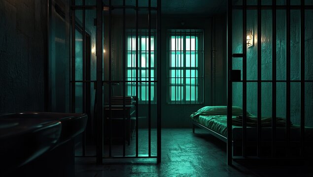 Gloomy cell with barred windows, sink, and simple bed, illuminated by dim green light