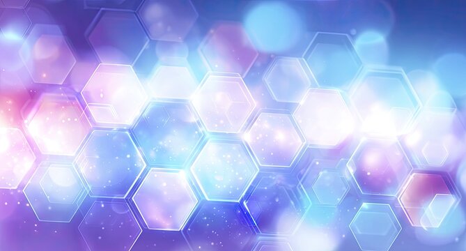 Glowing hexagonal pattern with bokeh effects, light blue and purple color scheme with sparkles