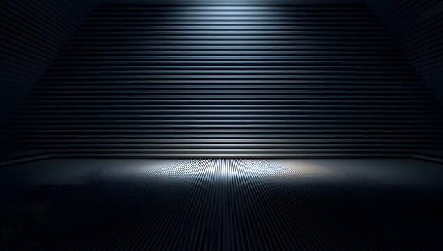 Futuristic metallic hangar interior with horizontal corrugated walls and glowing light reflection on polished floor creating hi tech industrial environment for product showcase and presentation