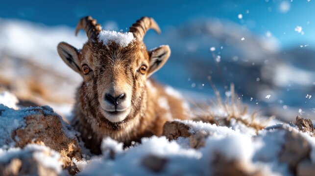 A young goat curiously peeks from behind snow-covered rocks, showcasing its playful nature against a picturesque winter landscape filled with soft snowflakes.