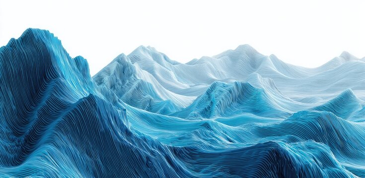 Abstract blue landscape with textured mountains fading into white sky