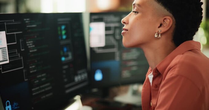 Programmer, reading and woman with computer screen in office for web development, solution or idea. Smile, code and software developer in workplace for problem solving, backend project or research