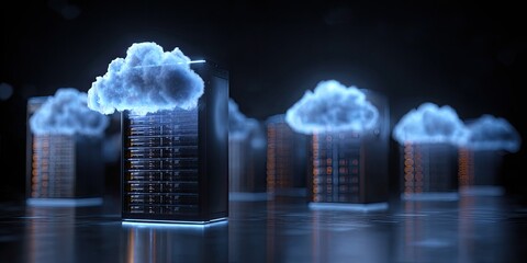 Fototapeta premium Futuristic digital server racks with glowing data and ethereal cloud tops