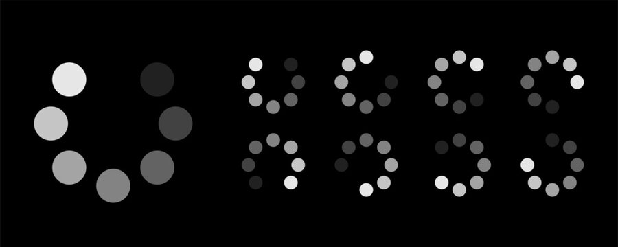 Minimalist circular loading buffering icon set with various progress status for digital UI UX dark mode interface design.