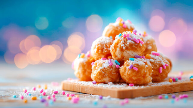 Traditional Italian Struffoli Honey Ball Dessert Pyramid with Colorful Sprinkles and Holiday Bokeh