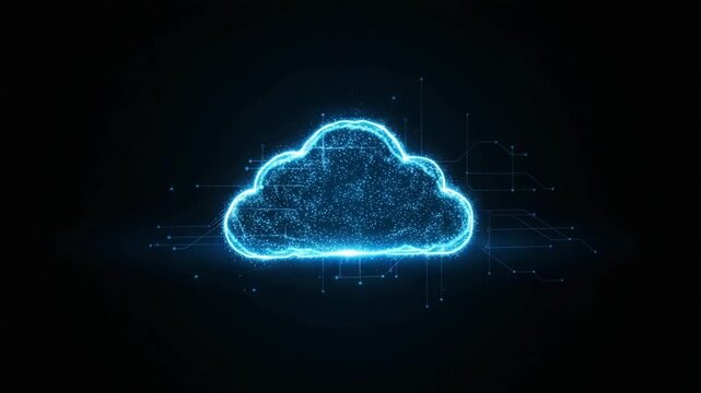 Cloud computing symbol shown as a glowing data network icon for internet storage services on a solid dark navy blue background.
