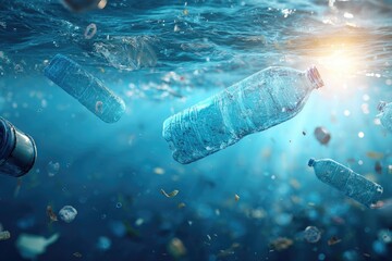Naklejka premium Plastic bottles and debris float in a sunlit ocean, polluting the water