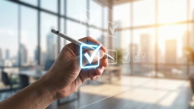 Professional uses a stylus to mark a glowing digital checkbox on a transparent virtual interface in a  office.  task completion, compliance verification, approval, and quality control management.