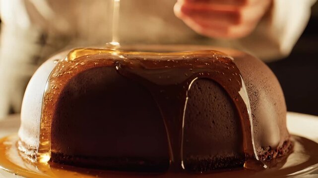 Golden Caramel Cascade: A culinary masterpiece unfolds as luscious caramel sauce gracefully cascades over a rich chocolate pudding, an image that evokes pure indulgence and satisfies the palate.