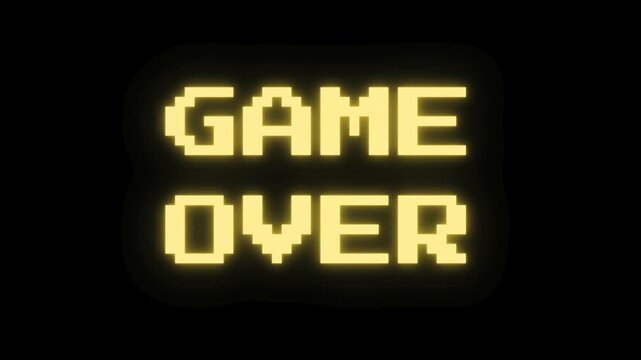 Bright yellow pixelated letters forming a distinct message of finality on a black backdrop, evoking nostalgia for vintage interactive entertainment
