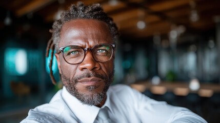 Fototapeta premium A portrait of a confident businessman with stylish glasses, capturing his determination and intelligence in a modern workspace filled with professional ambiance and opportunities.