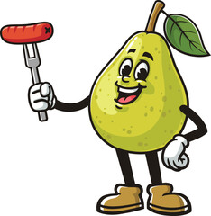 Obraz premium Cartoon pear mascot holding a sausage