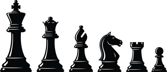 Black Silhouette Chess Pieces King Queen Bishop Knight Rook Pawn White Background Keywords: chess, game, strategy, board game © Hey there