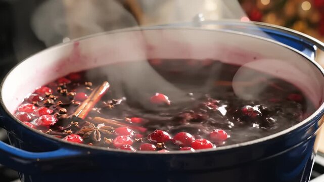 Fruits and spices mingle in a vibrant blue pot, releasing fragrant steam that fills the air with warmth. This captivating scene unfolds in a cozy kitchen, inviting joyful gatherings.