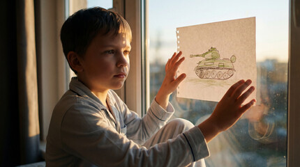 Young boy looking out window while holding drawing of tank  