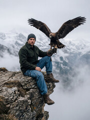 Man perched on cliff holding eagle with mountains in background  