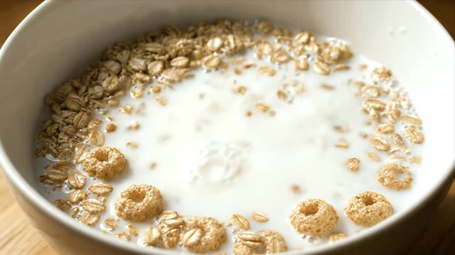 Close up of a white ceramic bowl filled with crunchy oat and ring cereal floating in creamy white milk with a splash creating ripples, morning breakfast concept