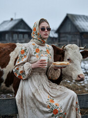 Young woman in floral dress holding pie and milk by cow outdoors  
