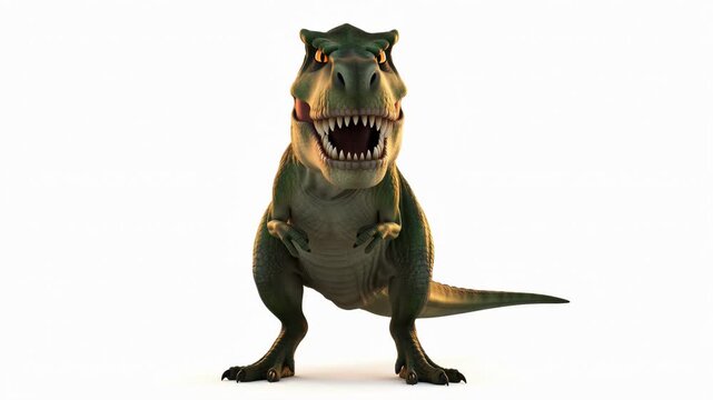 Animated green tyrannosaurus rex on white background full shot cartoon dinosaur displaying sharp teeth threatening roar rendering