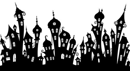 Obraz premium Silhouette city skyline castles fantasy architecture black white vector illustration