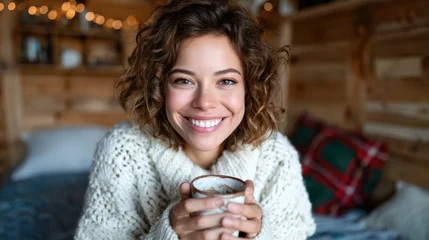 Fotobehang Dierenarts A cheerful young woman is sitting in a cozy cabin, holding a cup of coffee, radiating warmth and happiness amidst a rustic wooden backdrop and soft warm lighting.  © svastix
