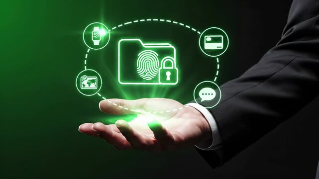 Biometric data protection . Fingerprint secured folder with lock, connected to smartwatch, credit card, globe, and messaging icons. Digital security and personal privacy in  technology.