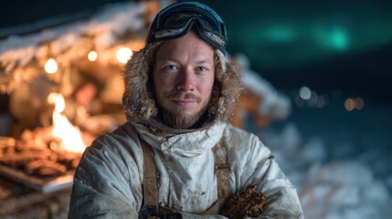 Obraz premium A rugged individual standing confidently in an arctic environment, embodying resilience and survival, against a backdrop of natural beauty illuminated by the aurora.